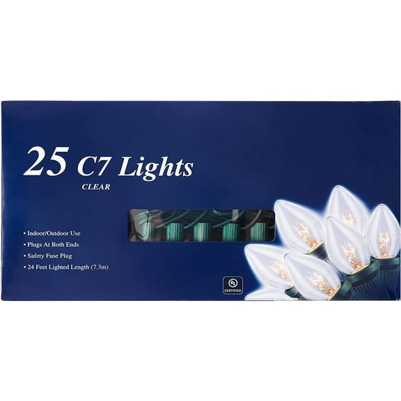 25 Ft Christmas Light String Clear C7 Light Bulbs UL Certified String Lights for Indoor/Outdoor Holiday Christmas Prom Wedding Proposal Party Cafe Lights, Green Wire