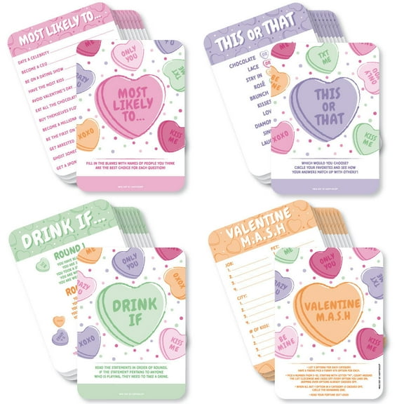 Big Dot of Happiness Valentine Hearts Game Pack - 4 Adult Galentine’s & Valentine’s Day Party Games - 10 Cards Each - This or That, Most Likely to, Drink If, Mash - Gamerific Bundle