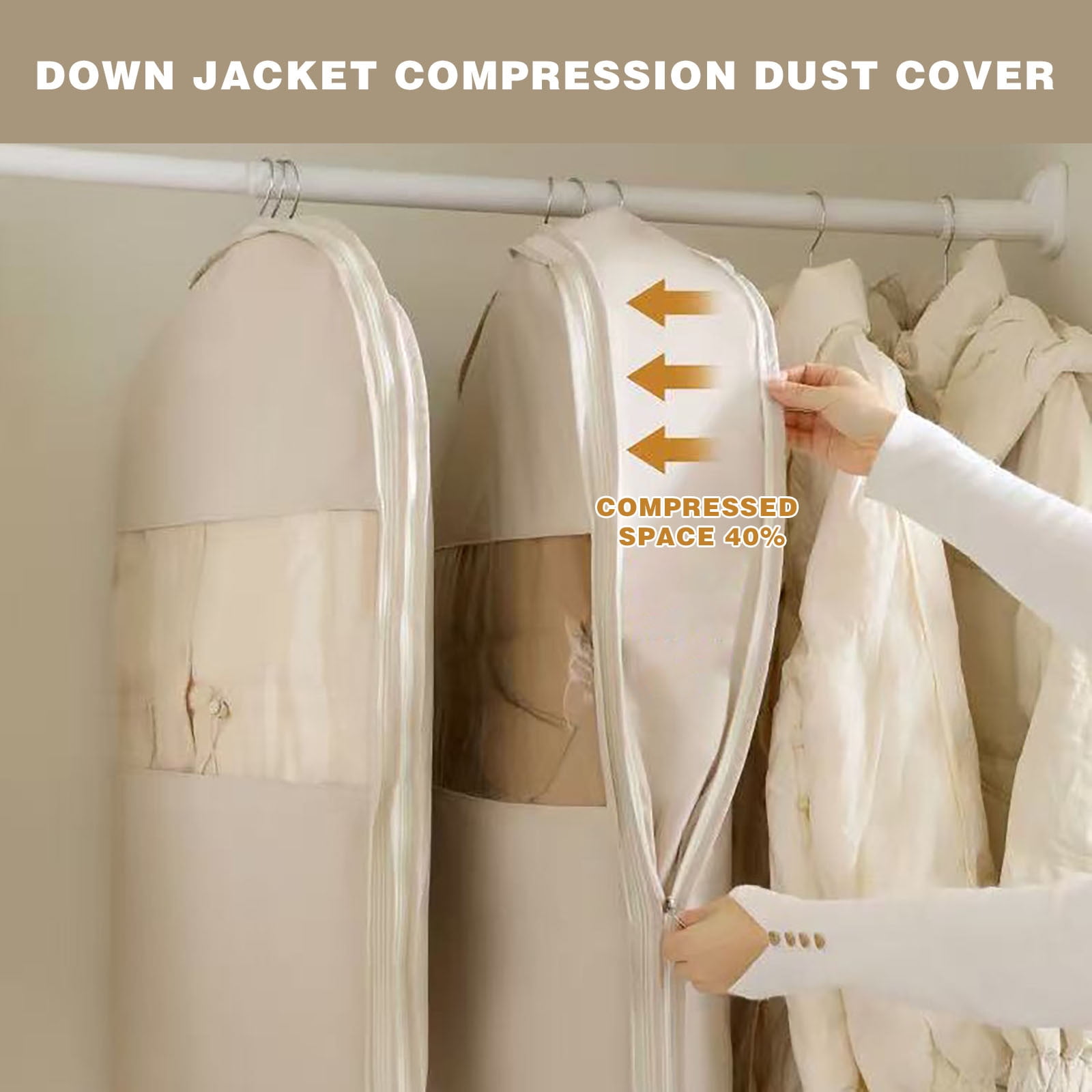 Pklyzj Space Saving Hanging Garment Bag with Self Compression Zipper, Space Saving Hanging Protector for Down Coat, Down Coat Compression Dust Cover for Closet Storage