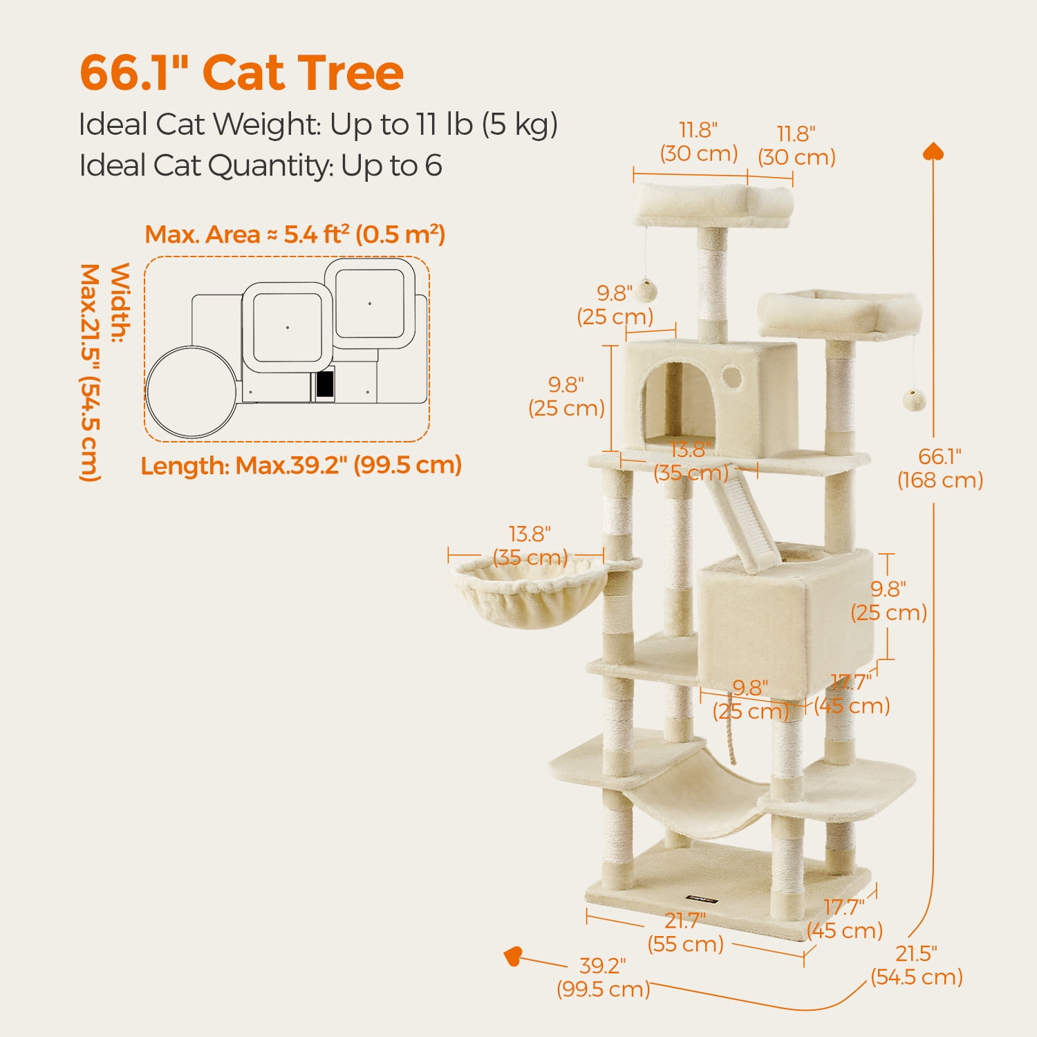 LEDREM 66.1" Large Cat Tree - 13 Scratching Posts, 2 Perches & 2 Caves, Multi-Level Plush Cat Condo with Hammock, Beige