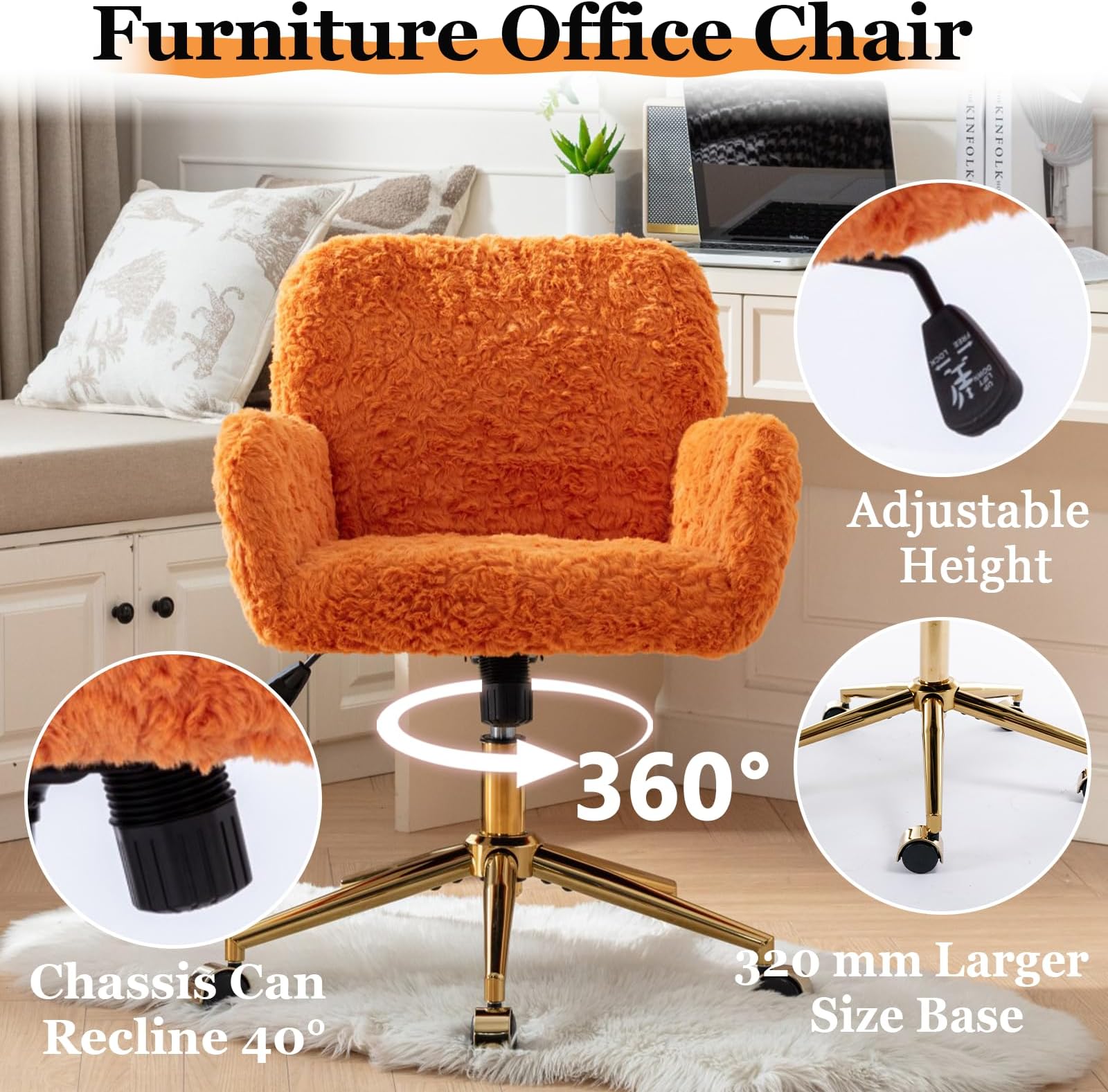 KISRAIS Furry Cute Office Chair, Modern Swivel Desk Chair with Wheels, Adjustable Makeup Vanity Chairs with Back, Upholstered Rolling Chairs for Vanity Makeup Room Study Indoor