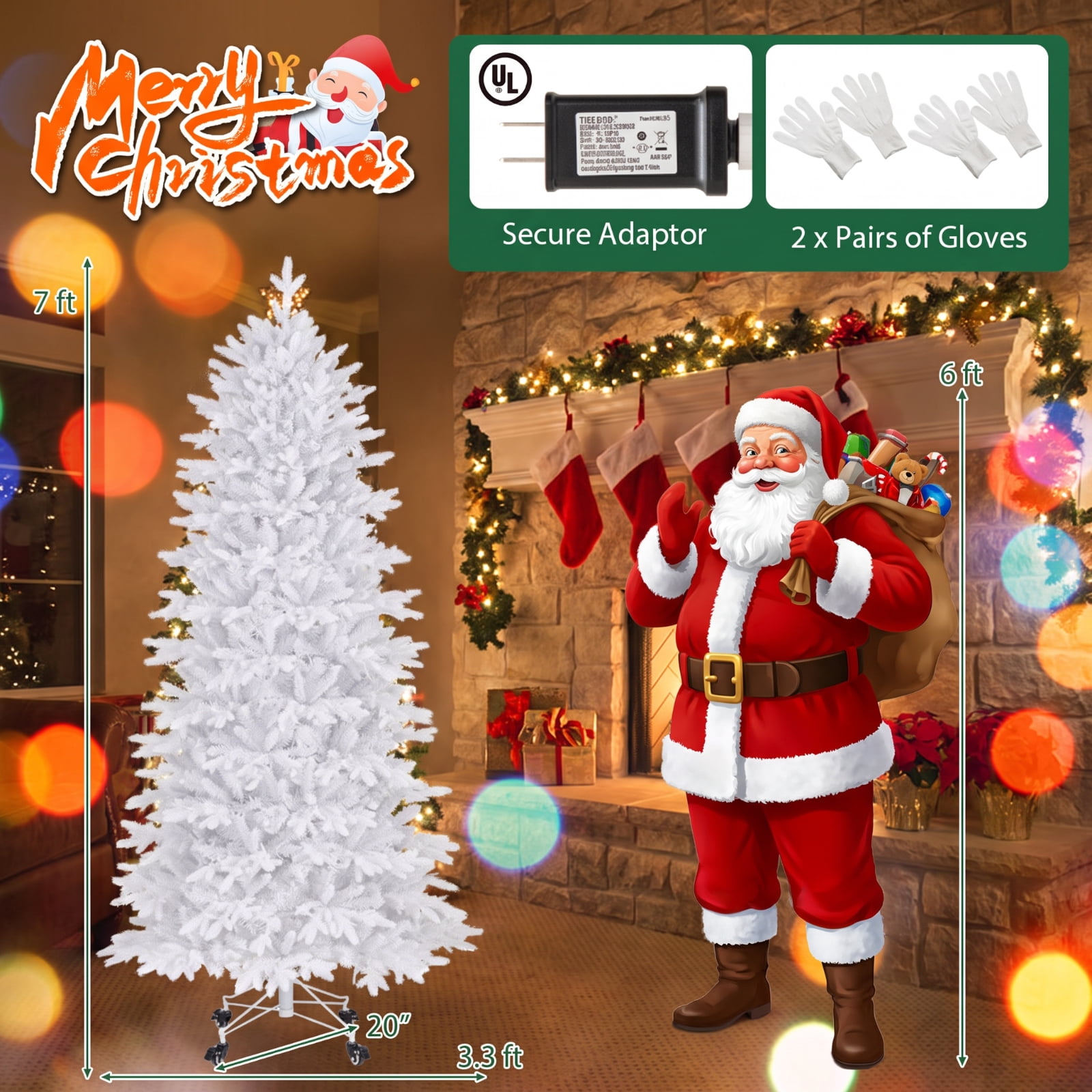 RUIE 7 ft White Christmas Tree, Pre-Lit Artificial Xmas Tree with 900 LED Lights and 1880 Branch Tips, Full Snowy Holiday Tree