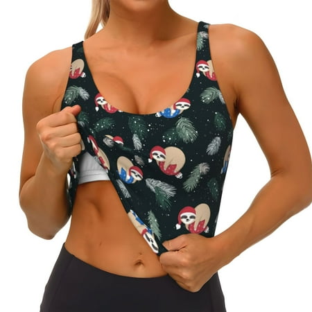 Qokaie Baby Sloths Pattern Womens Scoop Neck Sports Bra Breathable Workout Vest Padded U Back Medium Impact Fitness Gym Yoga Bra Workout Crop Top