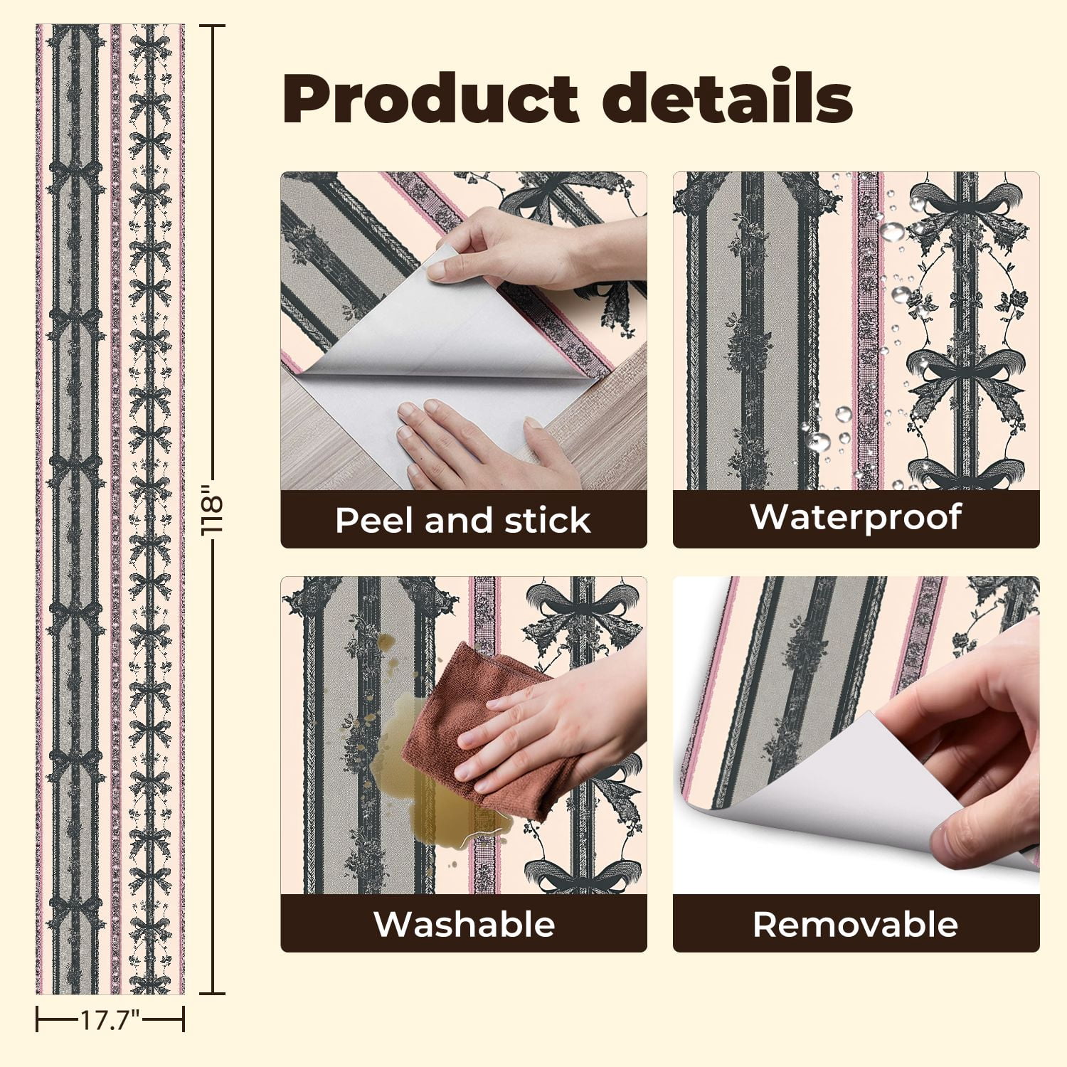 Peel and Stick Wallpaper Ornate Victorian Ribbon Floral Stripe Soft Pink Black Wall Mural 17.7in x 9.8ft Self Adhesive Removable Wall Paper Renter Friendly Wallpaper for Bedroom