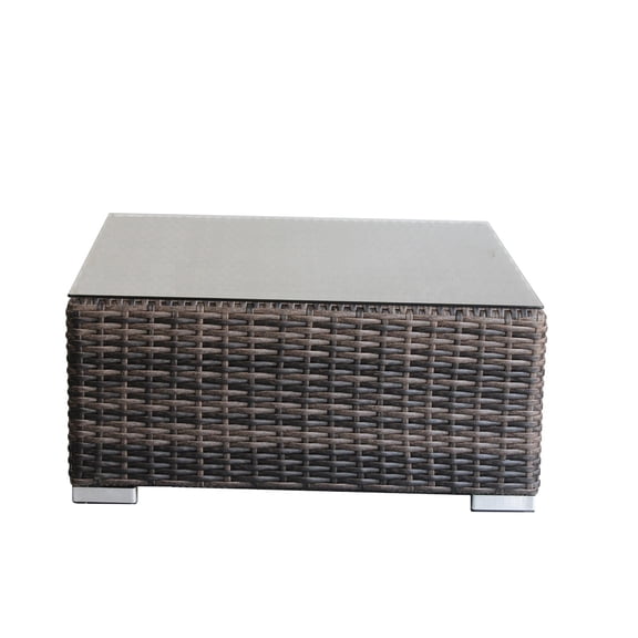 JERFIT Outdoor Coffee Table with Tempered Glass Top, 28 Inch Square Wicker Patio Table, All-Weather Brown Rattan Side Table for Porch, Deck, Poolside & Garden, No Assembly Required