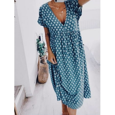 Women's Summer V-neck Loose Casual Printing Short-sleeved Long Dress ...