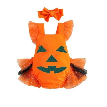 

Sopelem Baby Girl Festive Outfit Toddler Pumpkin Short Sleeve Romper Skirt and Bow Headband