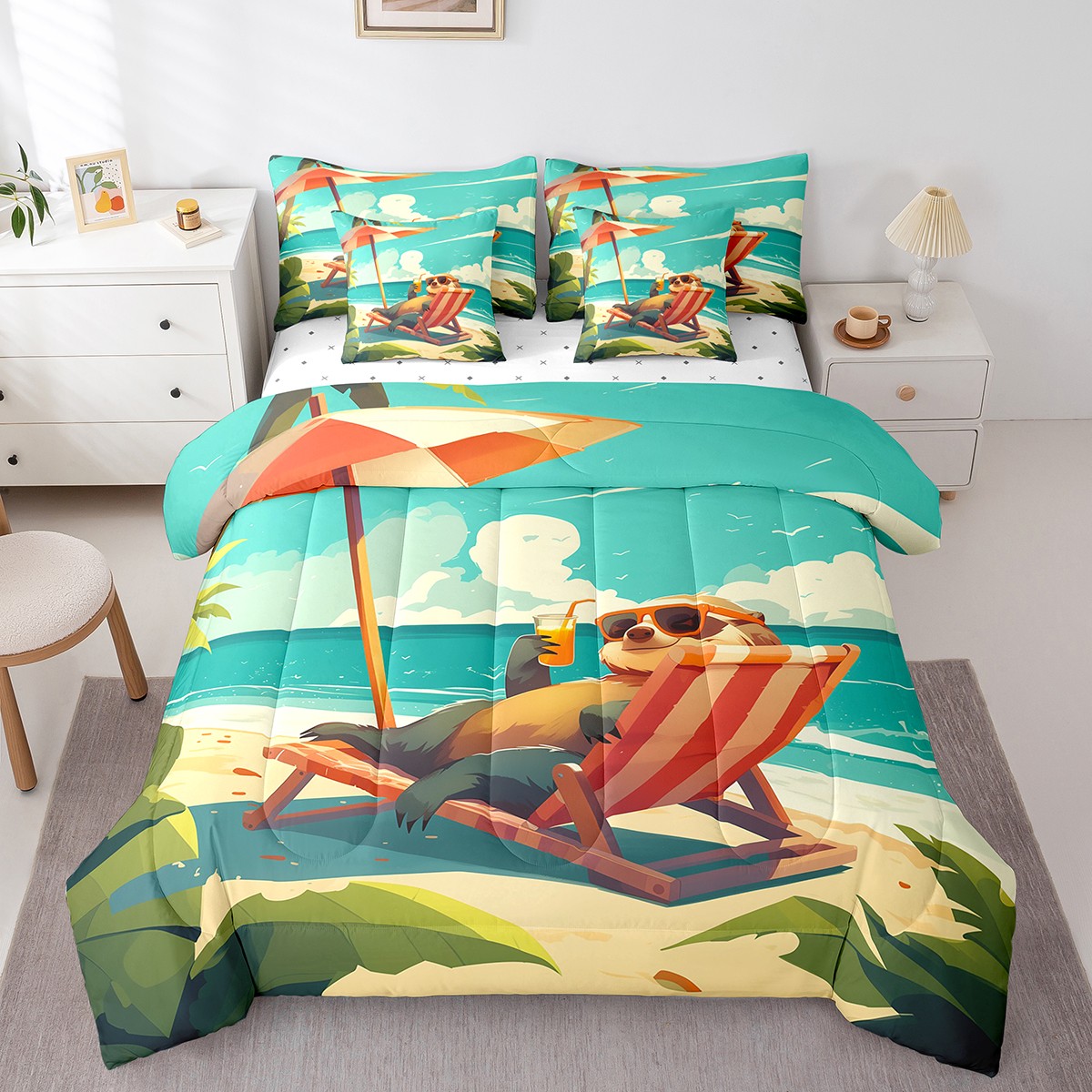 YST Fairy Tales 7-Piece Comforter Set, Queen, Dreamy Castle, Cute Princess, Colorful Butterflies, Rainbow Design