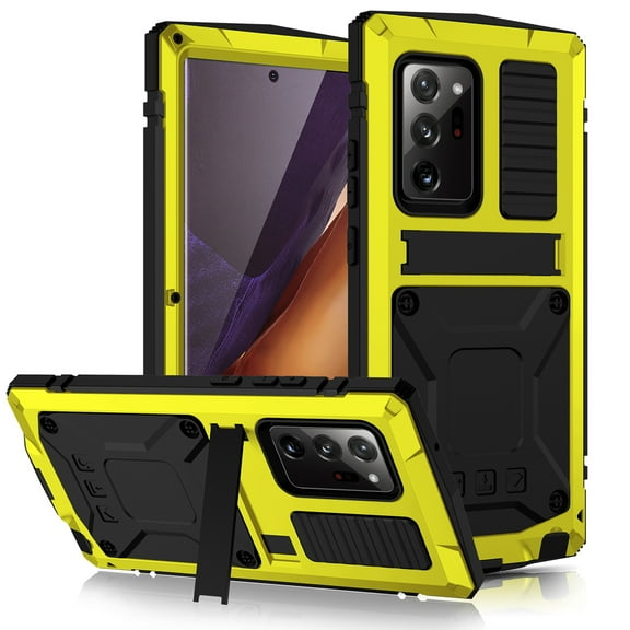 Dteck Full Protective Shockproof Case For Samsung Galaxy Note 20 Ultra (6.9 inches),Hybrid Rubber Metal Kickstand Tempered Glass Screen Protector Note 20 Ultra 5G Hard Cover,Yellow