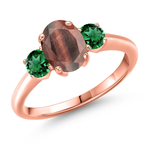 Gem Stone King 1.85 Ct Oval Red Tiger Eye Green Nano Emerald 18K Rose Gold Plated Silver Ring (Size 5)