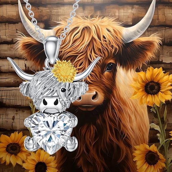 SISGEM Highland Cow Pendant Necklace with Heart Birthstone Cow Necklace Gift for Women