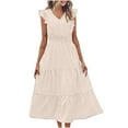 thumbnail image 2 of Lenago Robe Maxi Grande Taille pour Femmes Mode Printemps, Été et Automne Décontractée Col en V Manches Courtes Robe Unie Robes de Plage d'Été en Liquidation, 2 of 7