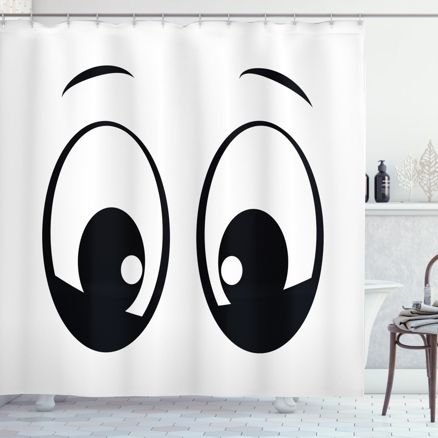 Eye Shower Curtain, Surprised Look a Cute Cartoon Character Amazed and Startled Childish Design