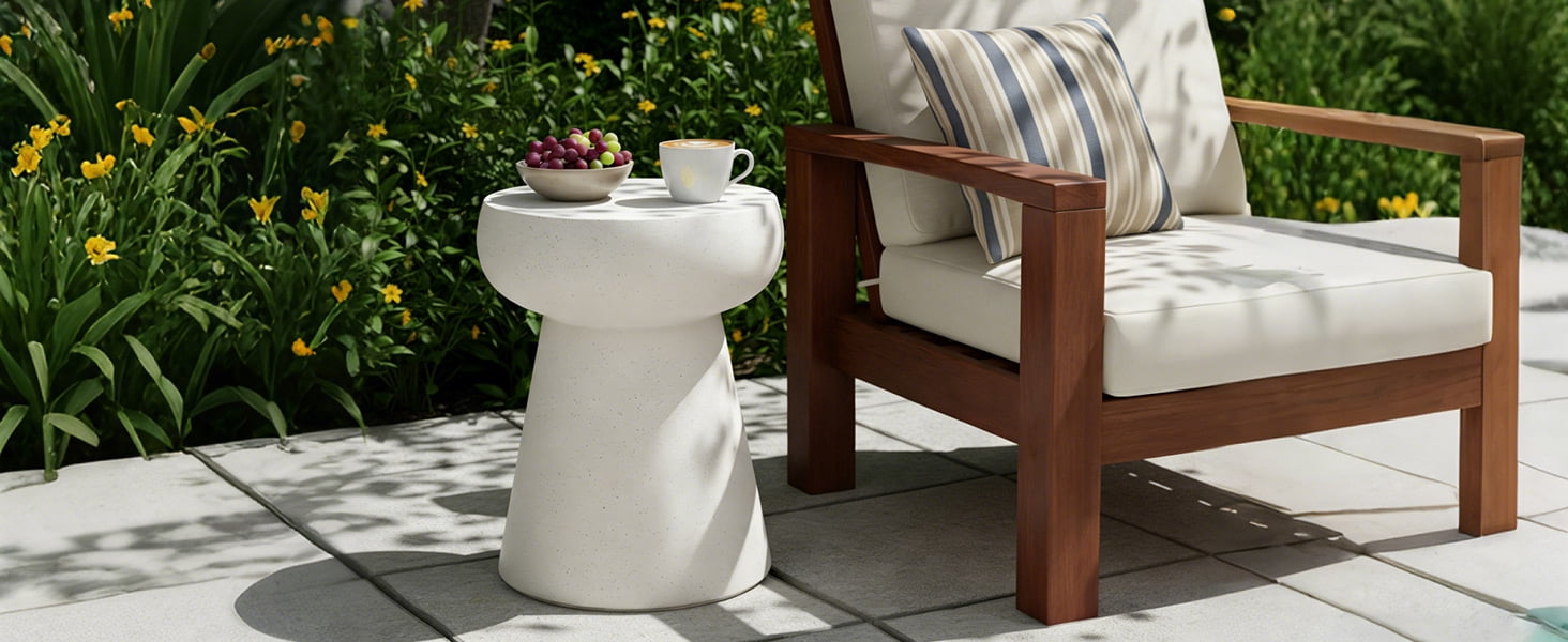 Mintazer 19.68" H Mushroom-Shaped Outdoor Side Table, Geometric Pedestal End Table with Travertine Texture, Modern Accent Table for Patio Living Room, Beige & Yellow