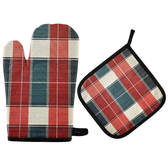 Yayeee Oven Mitts and Pot Holder Set of 2 Heat Resistant Kitchen Gloves Baking Hot Pad, Vibrant Red Tartan Pattern