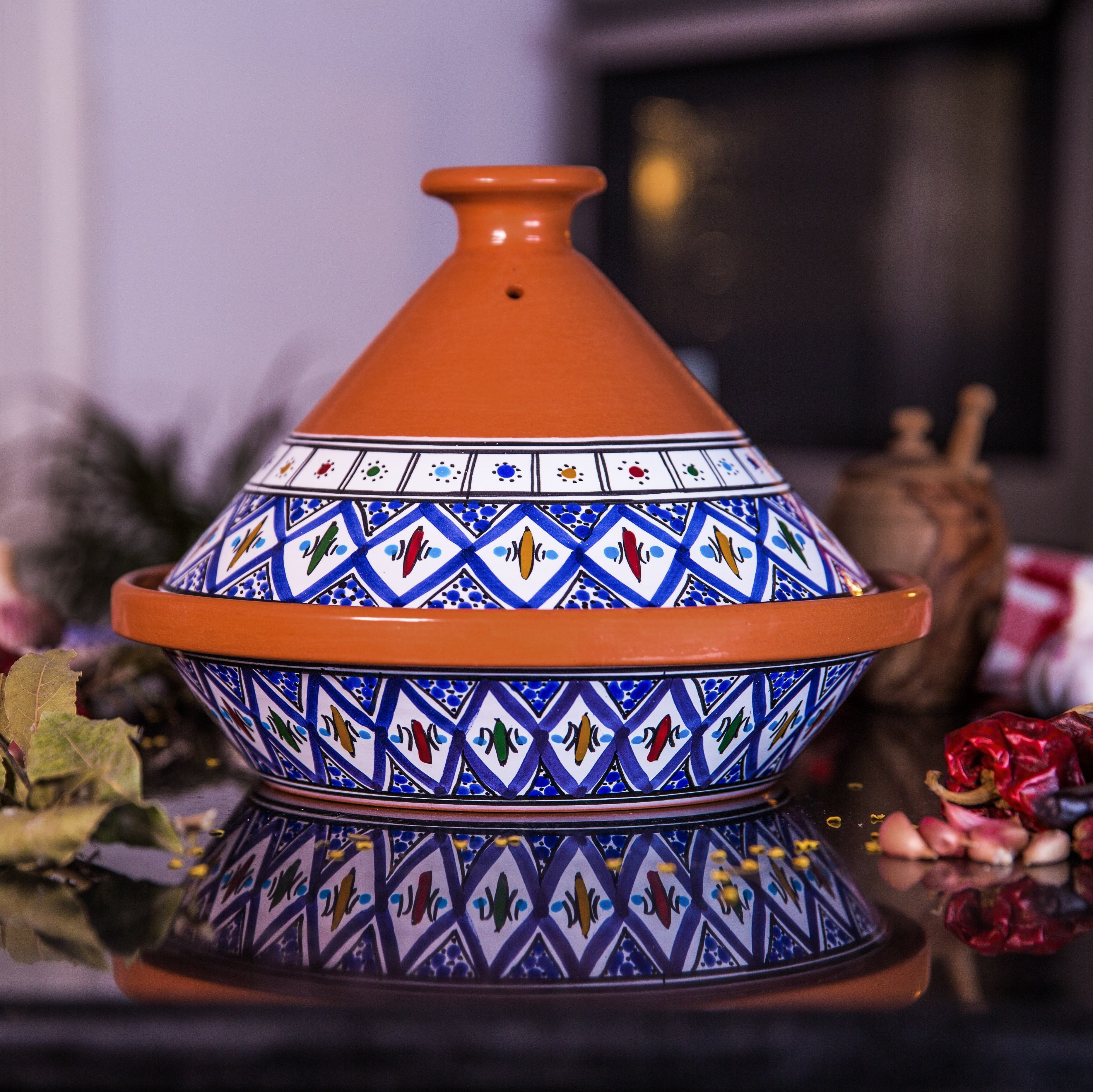 Handmade, Hand-painted Classic Red Ceramic 10 Tagine Cooking Pot