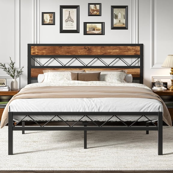 Full Size Bed Frame with Headboard, Heavy-Duty Platform Bedframe with Metal Slats Support, No Box Spring Needed, Easy Assembly, Black & Brown