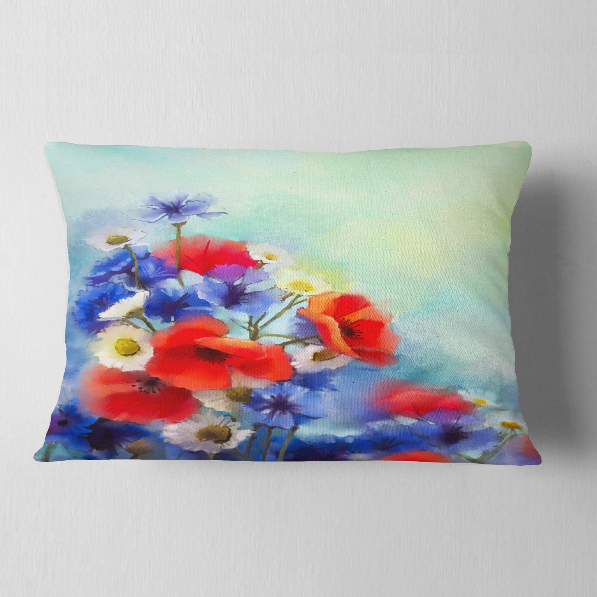 Designart Blue Cornflower and White Daisy - Floral Throw Pillow - 12x20