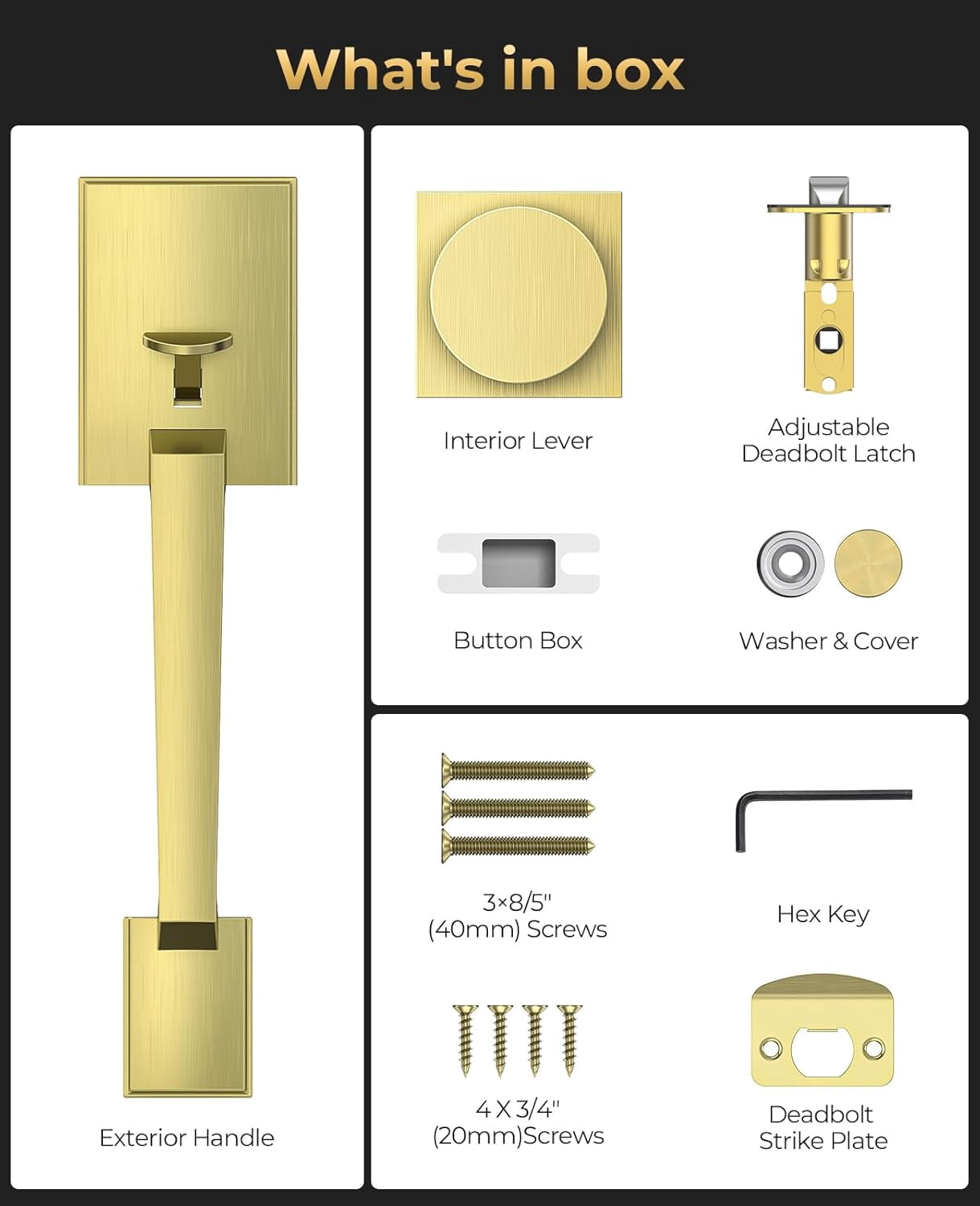 Klamerit Front Door Handle No Lock, Gold Front Door Lock Set with Modern Knob, Adjustable Exterior Entry Handleset, Lower Half Grip