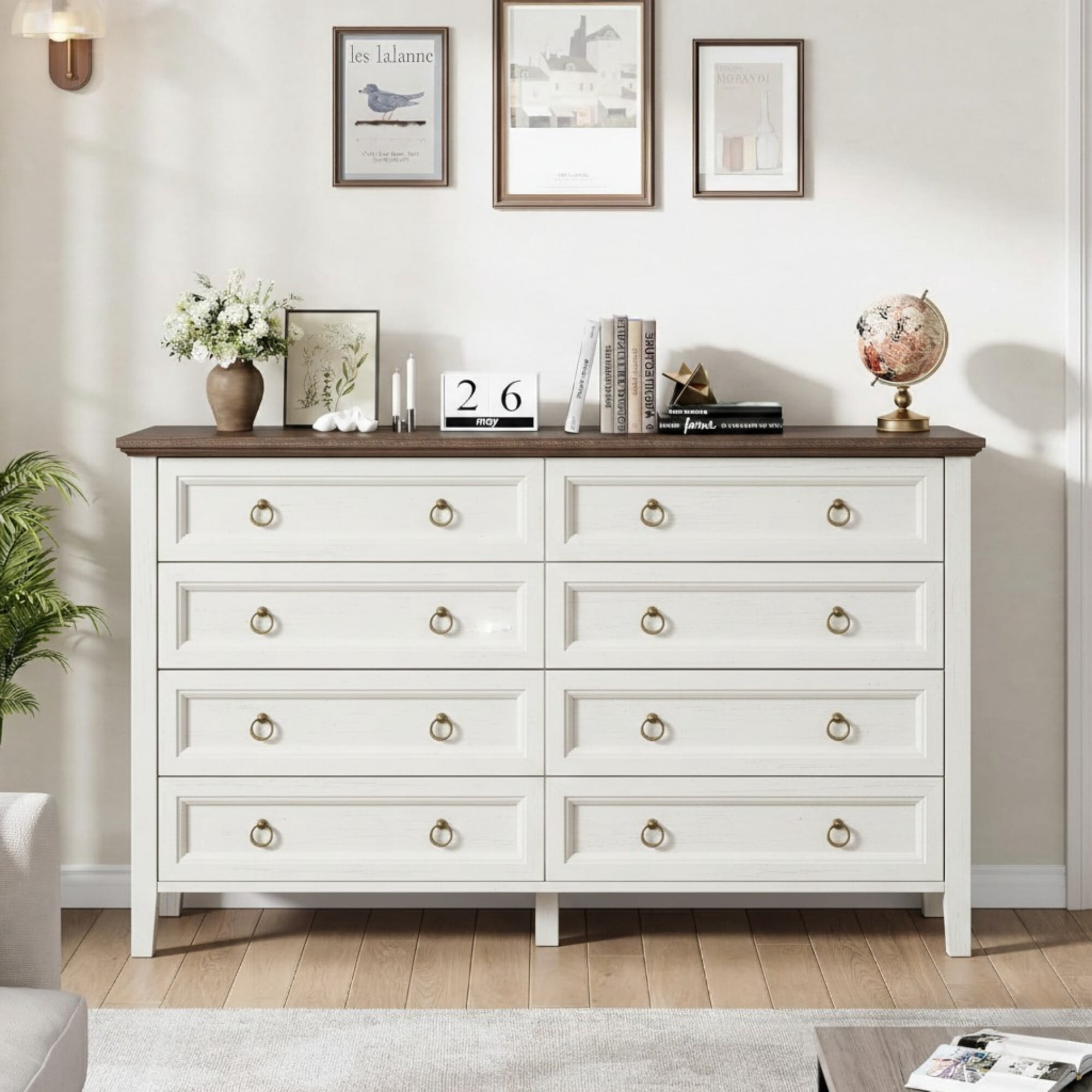 DEALTOPS 8-Drawer Farmhouse Dresser, 54" Wide Wood Storage Chest Bedroom Organizer with Metal Handles, White