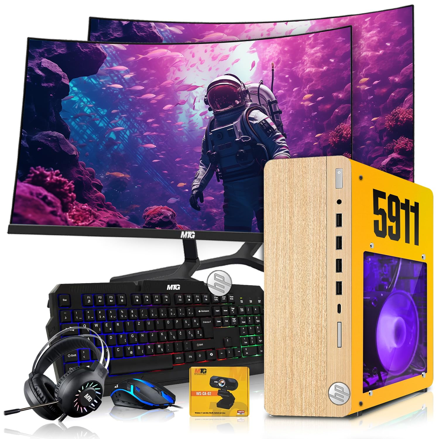 Restored HP Full Light Gaming PC Desktop Computer 5911 AMD A10-9700, GT 1030, 16GB RAM, 512GB SSD, Dual 32 Inch Curved Monitor, RGB KBM with AI Copilot, WiFi, RGB Headphone, Webcam, Windows 11