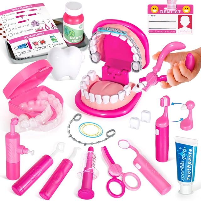 Set de dentista Pretend Play ULOVEME rosa con aparatos ortopédicos y dientes extraíbles