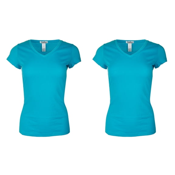 Sofra Ladies 2 Pack Short Sleeve V Neck T-Shirts Aqua L