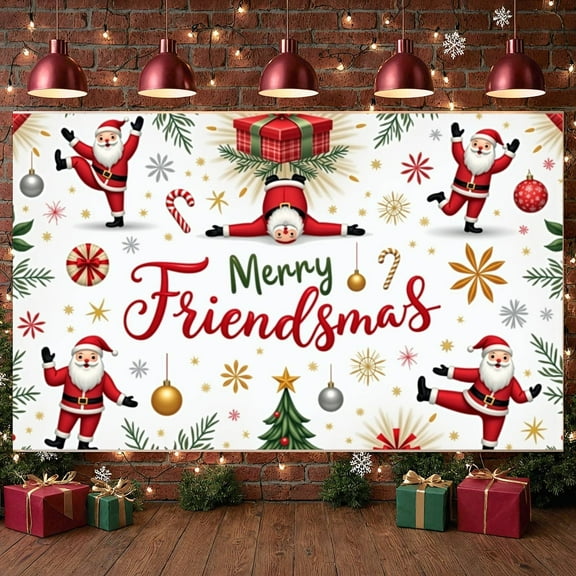 Santa Claus Design Merry Friendsmas Banner Gift Box Pattern Christmas Display Christmas Tree Motif Candy Cane Festive Backdrop for Christmas Party Friends Gathering Family Celebration