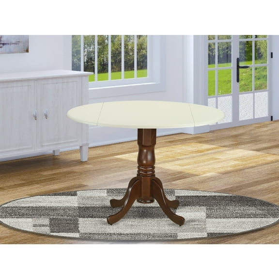 Round Kitchen Table with Drop Leaves - Linen & Mahogany Finish - Dining Table for Small Spaces