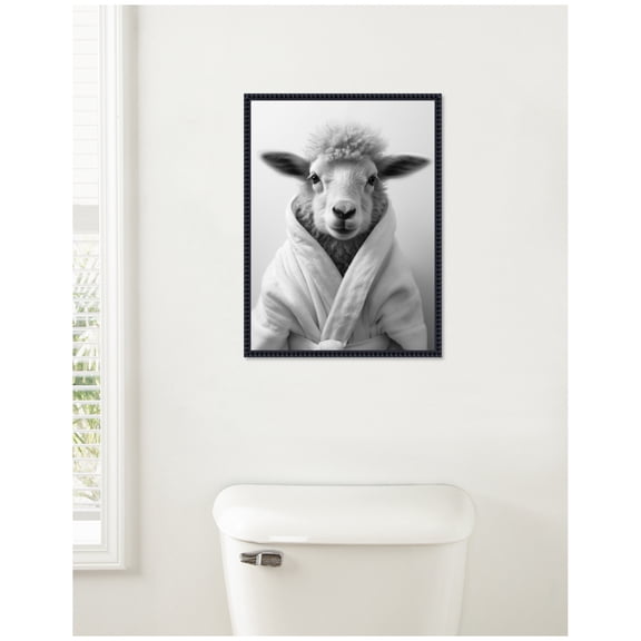 Kate and Laurel Sheep Bathroom Art Towel Robe Black and White Framed Canvas Wall Art by The Creative Bunch Studio 18 x 24 Sylvie Beaded Black, Whimsical, Animals, Humor Art for Wall Decor, Living Room