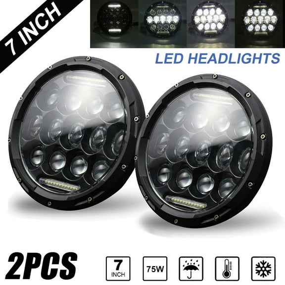 2x LED Round Headlight 7 inch 6000K Hi/lo Beam DRL Lamp Halo for Car Motorcycle, Uni-light