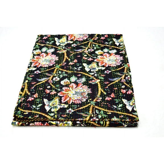 Vintage Kantha Quilt Floral Print Quilt Cotton Kantha Throw Kantha Blanket Handmade Quilt Double Size Kantha Bedspread Size