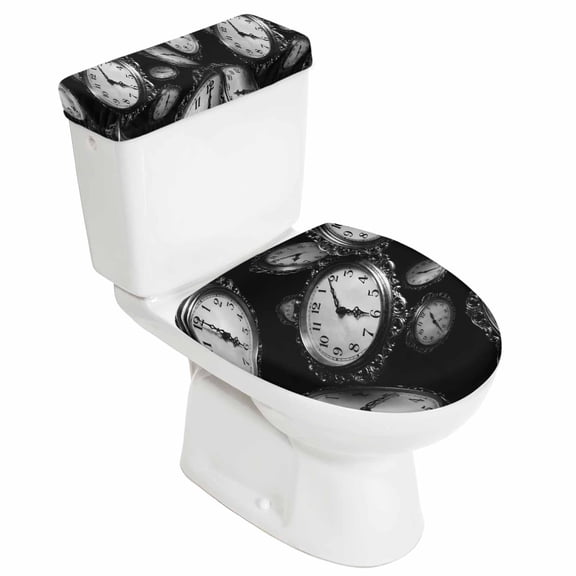 Black Grey Clocks Toilet Lid Cover and Tank Cover Set, 2 Pieces Stretch Toilet Covers, Elastic Fit for Round, U-Shaped & Elongated Toilets Bathroom Decor Vintage Abstract Chic Textured