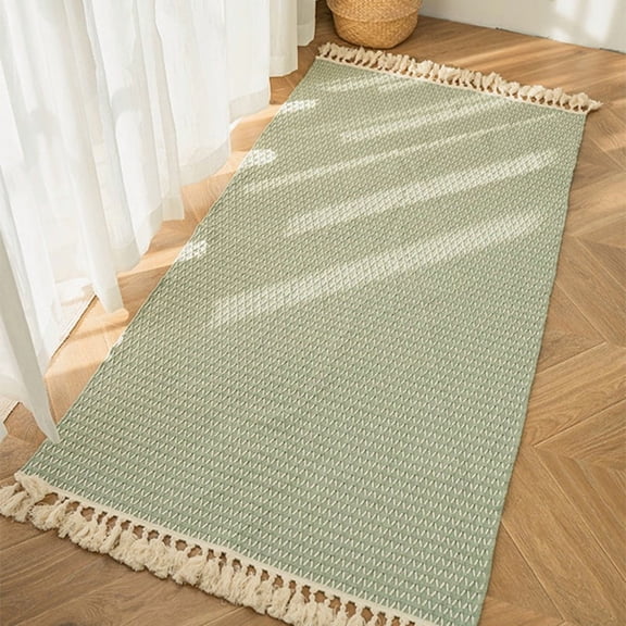 Cotton & Linen Woven Carpet Thin Fabric Can Be Machine Washed. Cotton Bedside Blanket Green