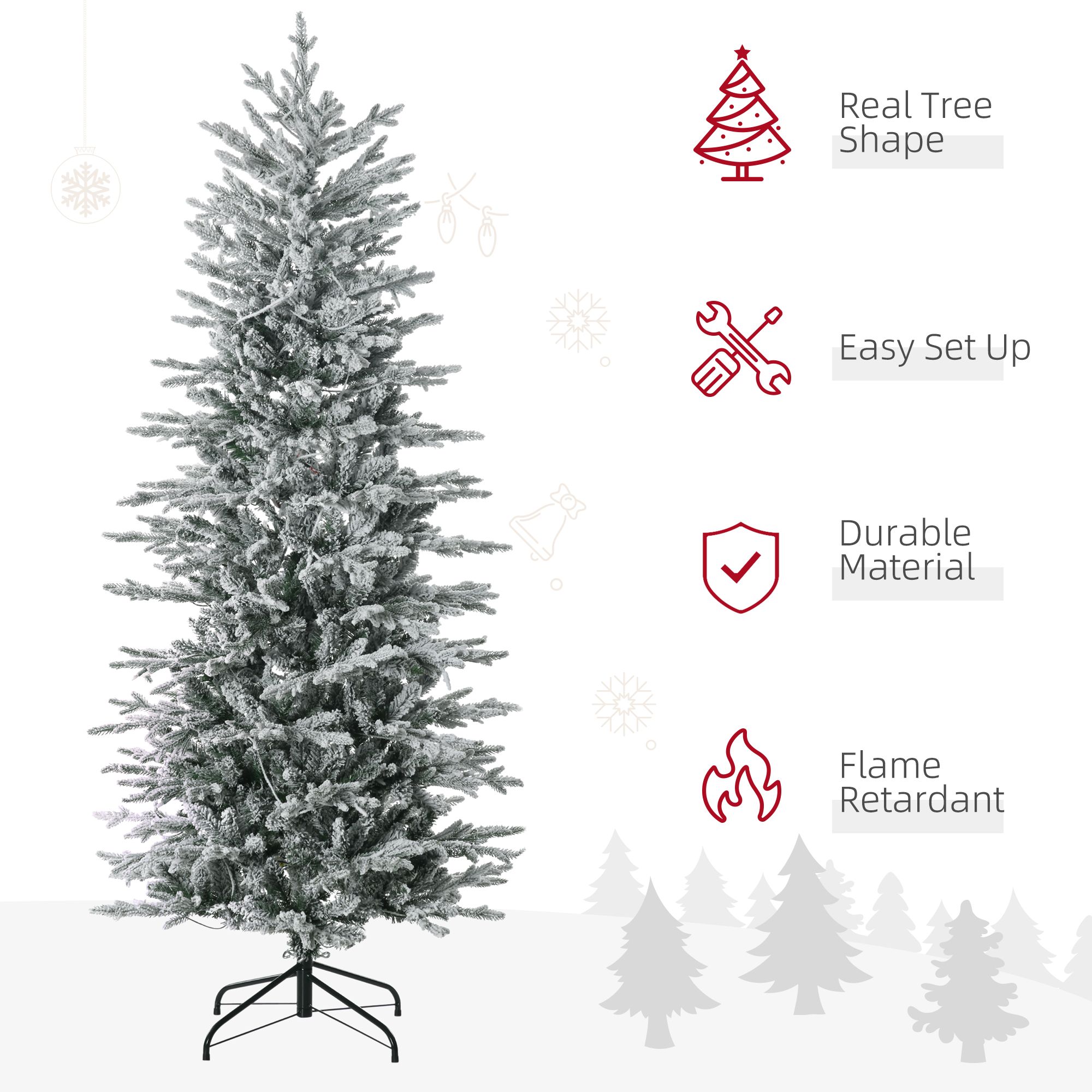 Pre-Lit Flocked Christmas Tree, 6 ft Artificial Tree with 250 Warm Yellow Lights, 636 Tips, Snow Branches, Auto Open, Indoor Holiday Decoration