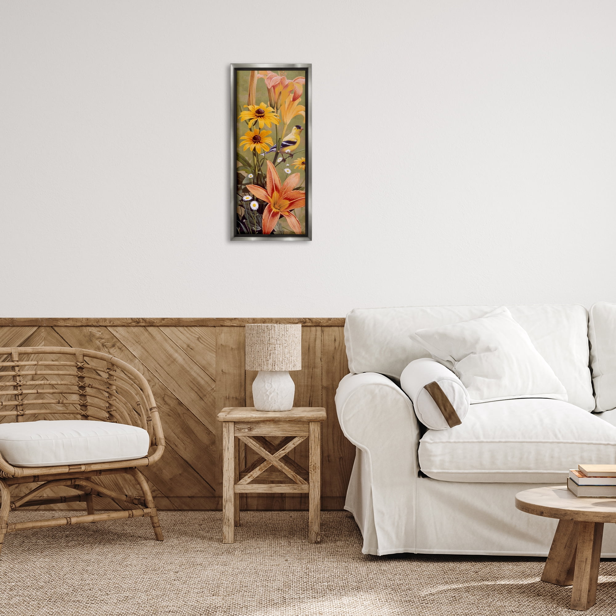 Stupell Industries Among the Flowers Bird Plants & Flowers Painting Gray Floater Framed Canvas Art Print Wall Art, 11 x 25