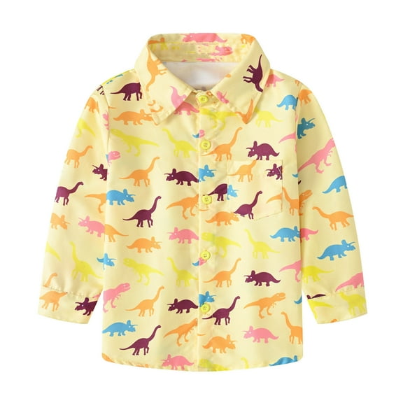 Odeerbi Kids Boys Girls Shirt Fall Winter Dinosaur Print Button Down Shirts Jacket Long Sleeve Turndown Neck Jacket Printed Clothing Outwear Kids Clothes Yellow