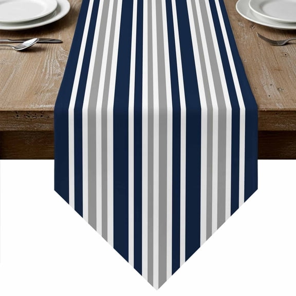 Table Runners 72 Inches Long, Dark Blue Gray Cotton Linen Kitchen Dining Coffee Table Runner for Party Home Decor, Horizontal Stripe Minimalist Geometric Tabletop Dresser Scarves Runner 14x72 Inch