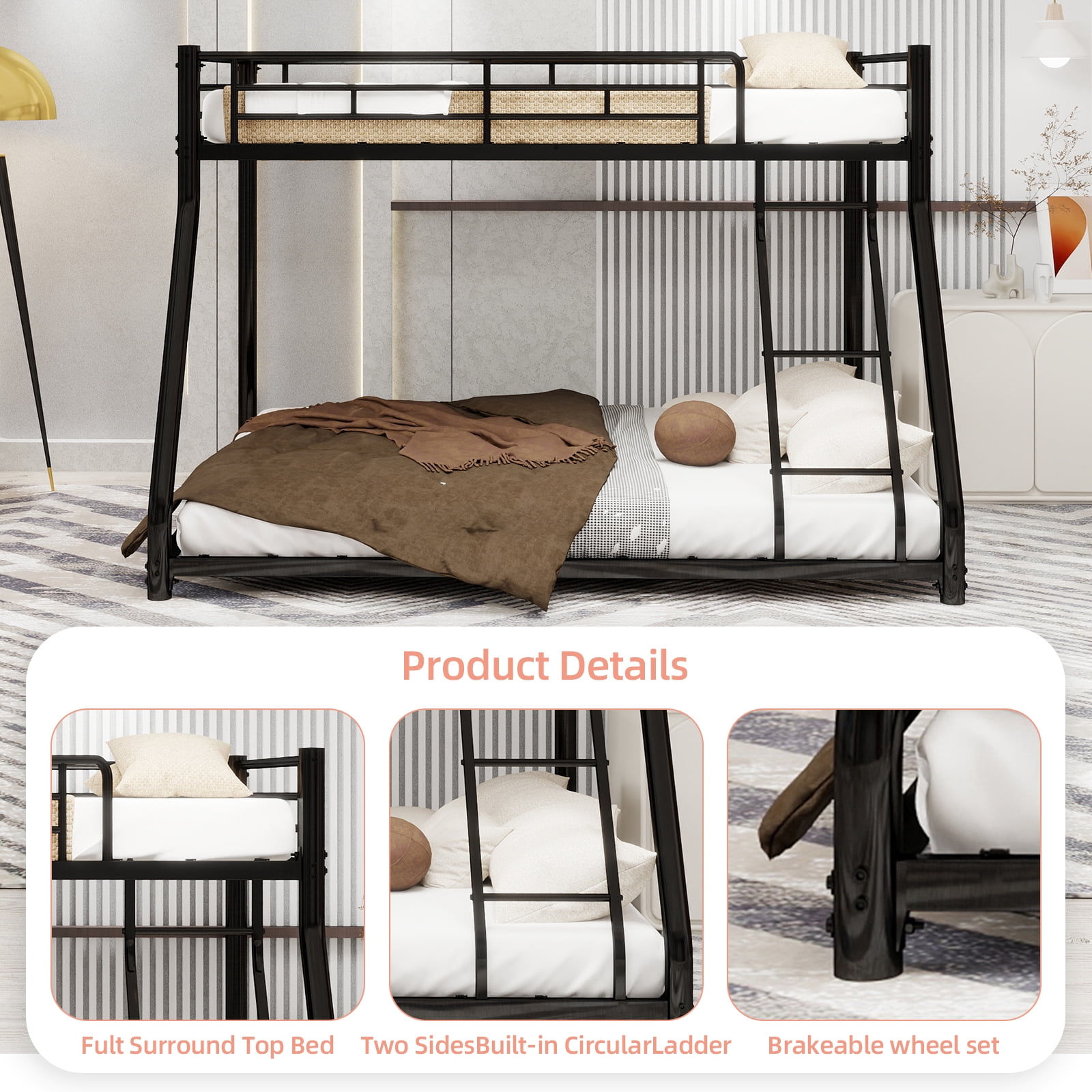 Mintazer Twin Over Full Bunk Bed, Metal Bunk Bed Frame with Guardrails and Ladder for Kids Teens Bedroom Dorm Apartment, Black