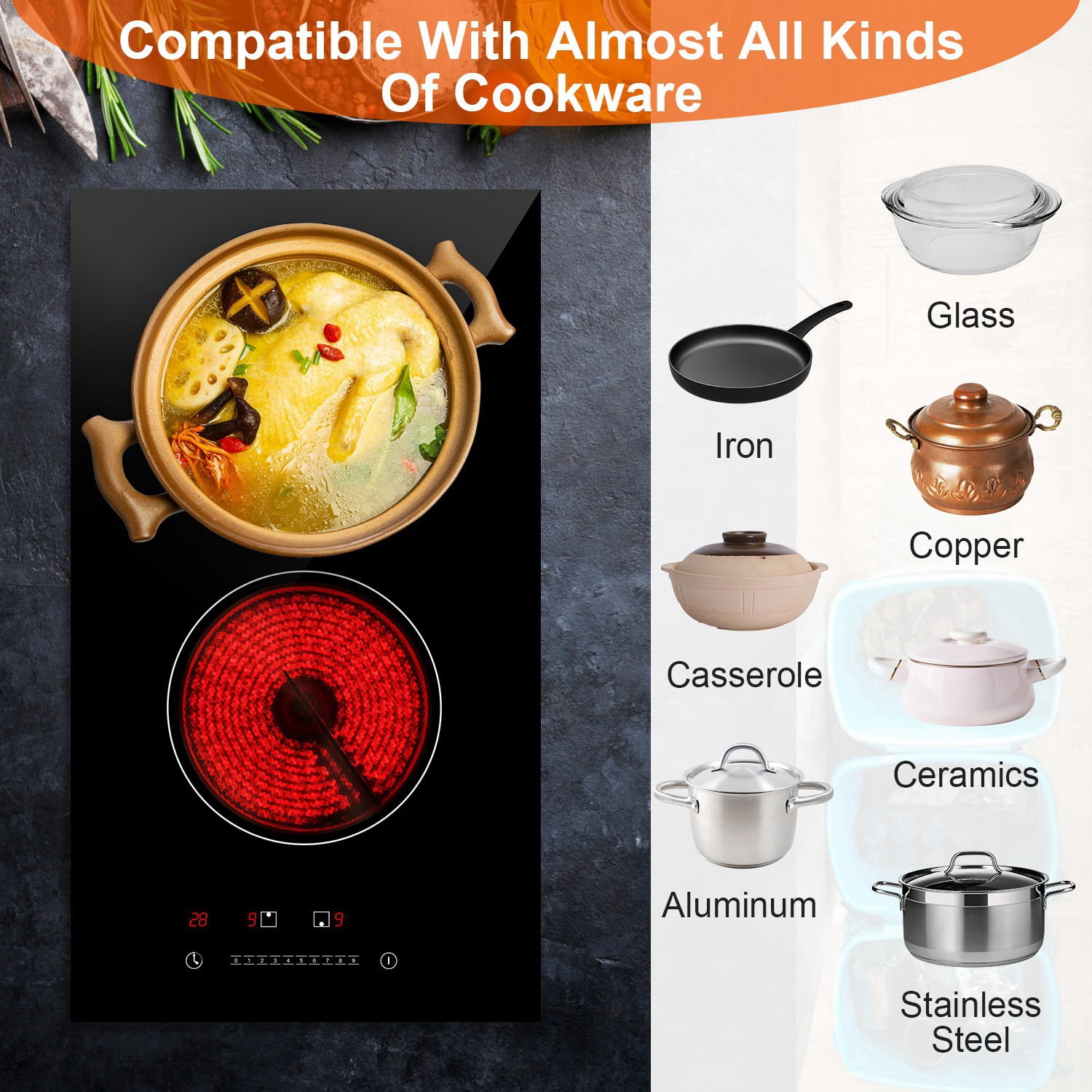 Dual Induction Burners Electric Cooktop 110V 1900W Built in Electric Ceramic Stove with Timer 9 Firepower Levels Overheating Protection