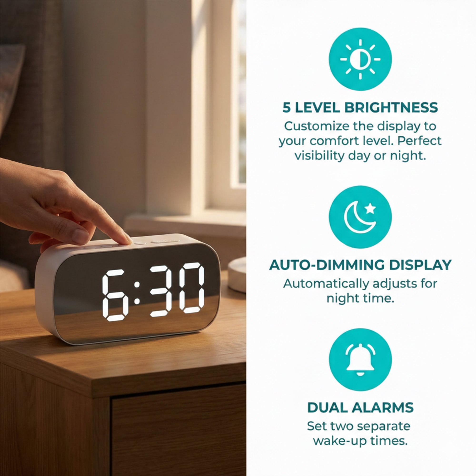 Unique Bargains Mirror Dimmable Loud Alarm Clock with Large Numbers 5.1" x 1.4" x 2.6"