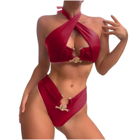 ylioge Womens Two Piece Bikini Sets Swimsuits Summer Saving Clearance Solid Halterneck Bras High Waisted High-Cut Thongs Swimwear Bathing Suits
