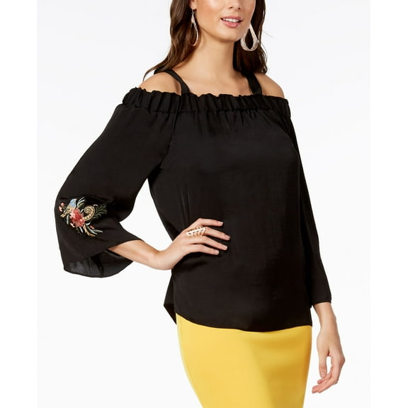 Thalia Sodi Off The Shoulder Embroidered Sleeve Top Deep Black XL