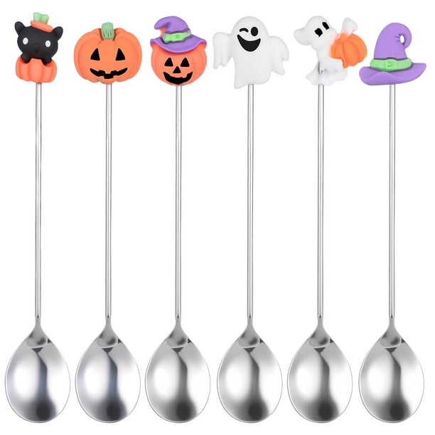 FELTECHELECTR 6 cucharas de acero inoxidable estilo Halloween para pastel, postre y vajilla.