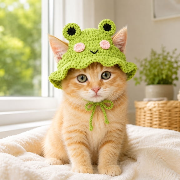MInHoues Hand‑Crocheted Frog‑Shaped Cat Hat, Knitted Pet Costume Hat with Chin Strap, Soft Handmade Crochet Headwear for Kittens Small Cats Cosplay Photo Prop