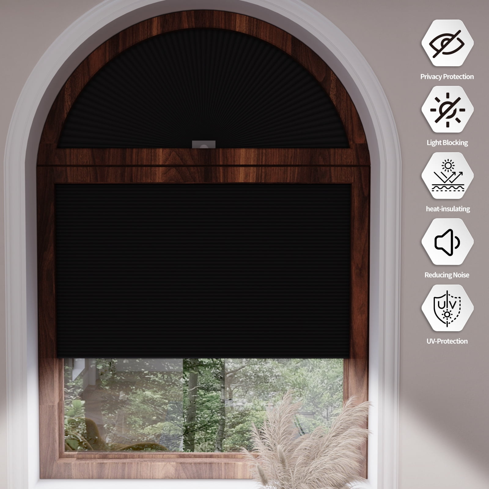 MYshade No Tools Window Shades Tie-Up Blackout Cellular Arch Window Shades, Black 36"W x 72"H