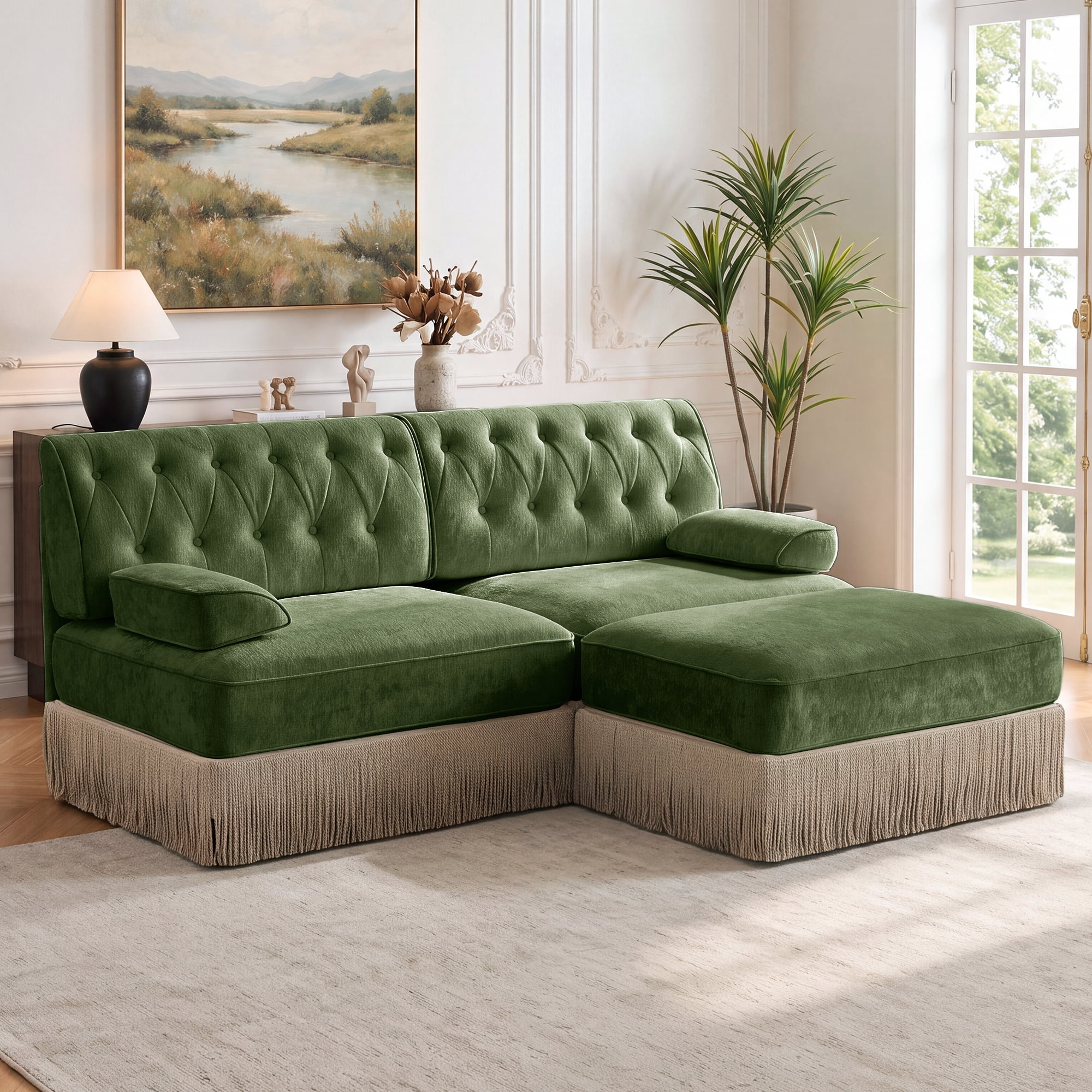 76.6" Chesterfield L-Shaped Modular Sectional Loveseat Sofa Set with Ottoman and Tassel Skirt, Easy to Assemble