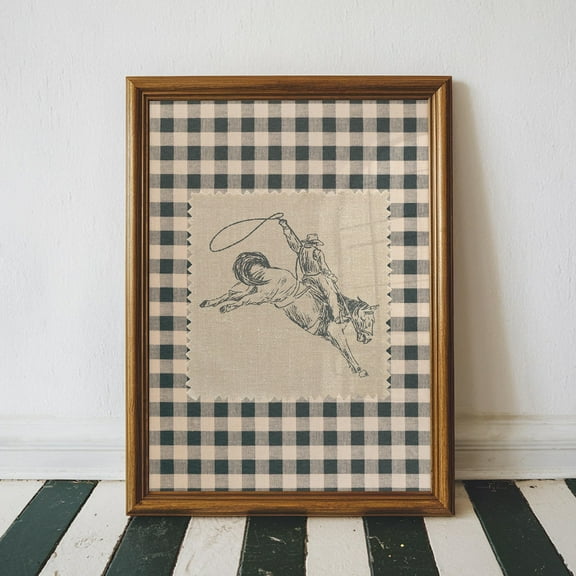 Rodeo Cowboy Poster, Western Poster Wall Art, Retro Aesthetic, Cottagecore Decor, Trendy able Poster, Rustic Country Gingham Fabric, Size 8x12 UNFFRAMED F03.1.7l3071