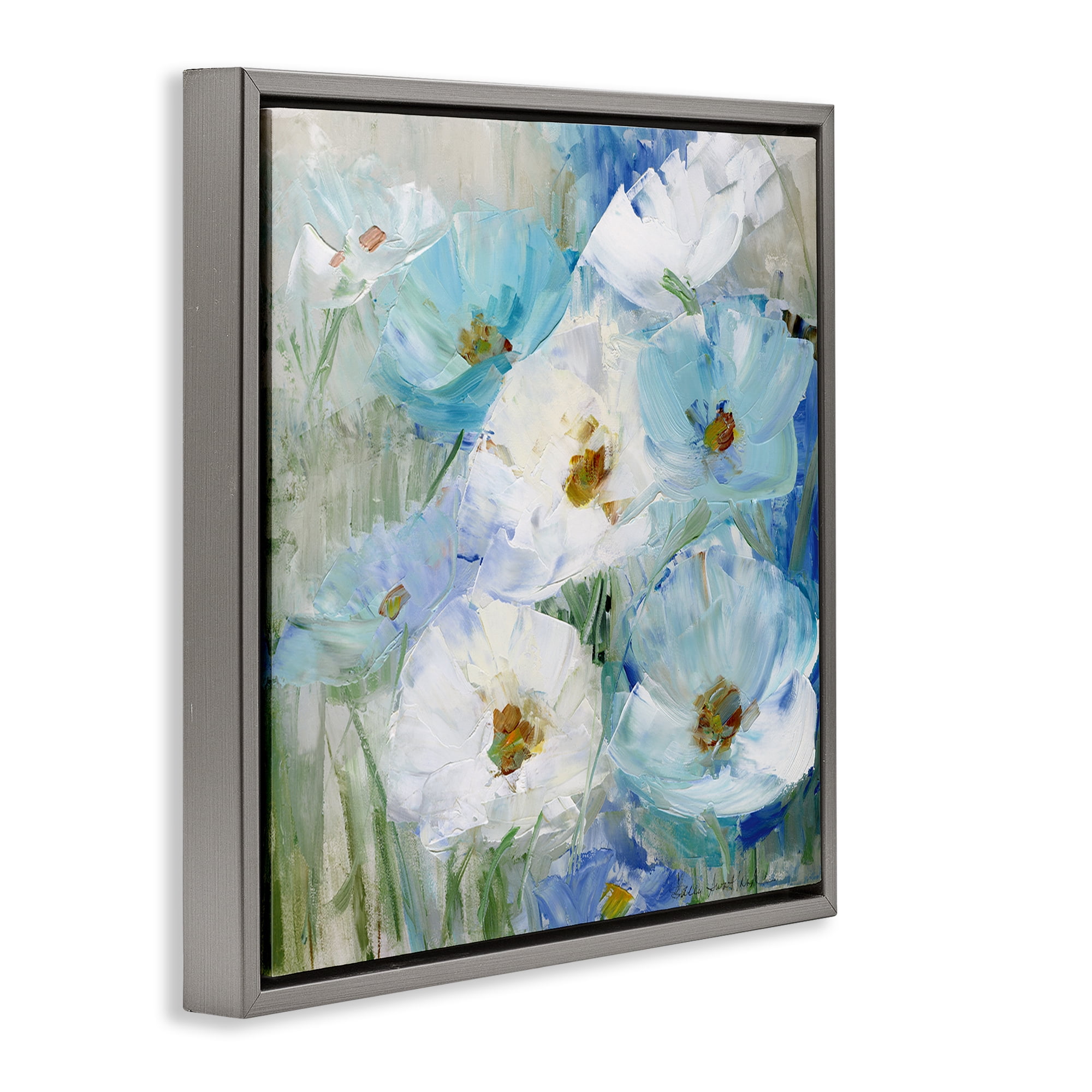 Stupell Industries Blue Spring Poppies Plants & Flowers Painting Gray Floater Framed Canvas Art Print Wall Art, 18 x 18