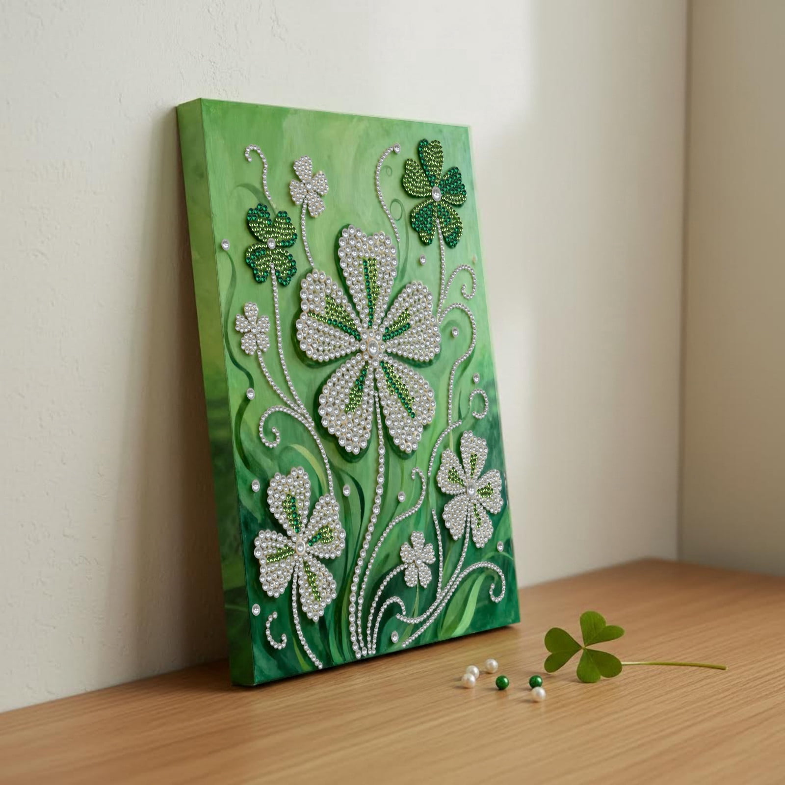 FLOPESN DIY Gemstone Pearl Diamond Art Painting Kit with Frame, 11.81x15.75in Colored Canvas, Home Decor Display for Tabletop and Wall -Four-Leaf Clover